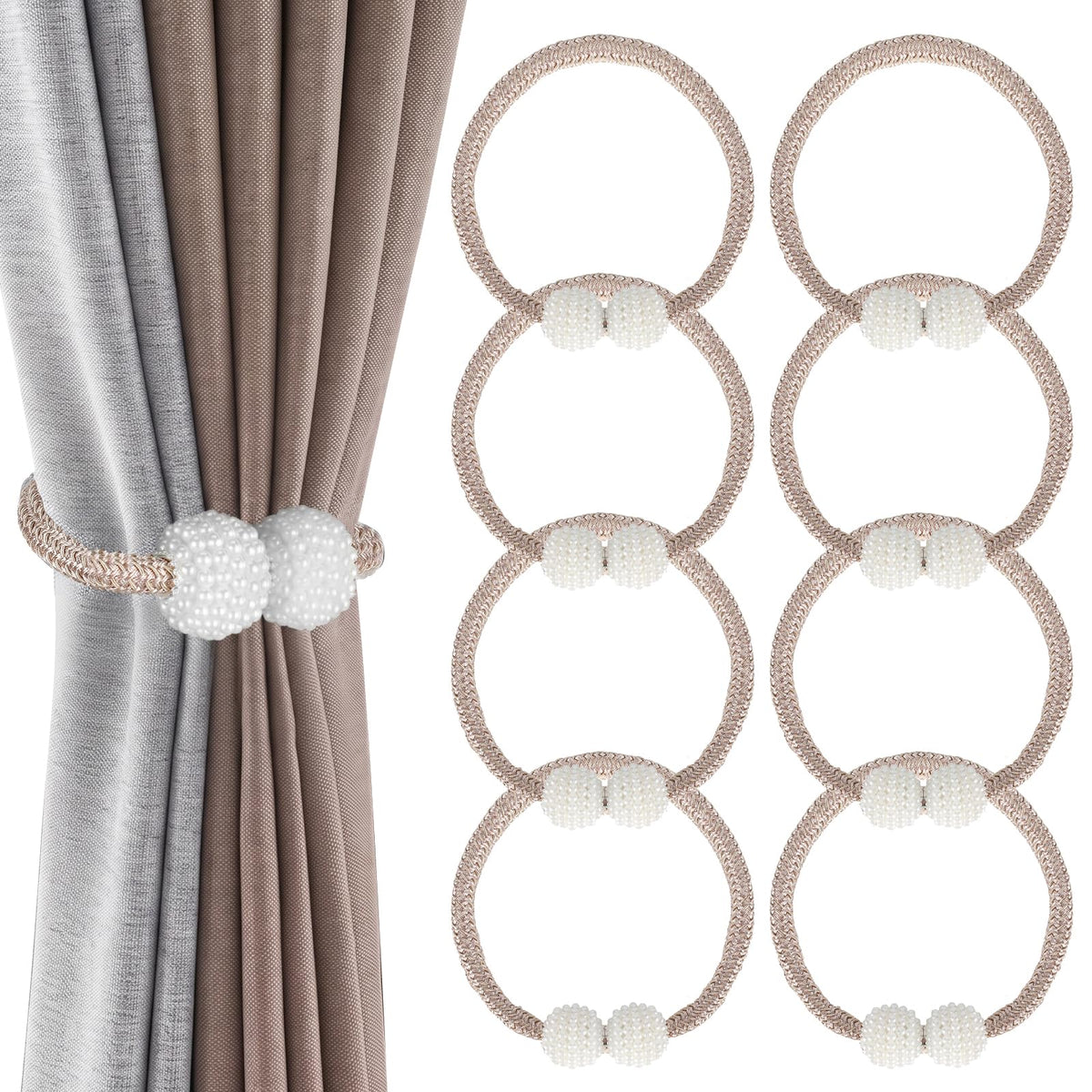 8 Pack Magnetic Curtain Tiebacks with Pearls,Modern Curtain Holdbacks Strap
