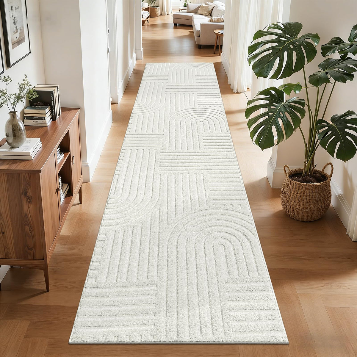 SHACOS Soft Cozy Fluffy Arch Pattern High-Low Pile Textured Area Rug 5'3"x7'3" Non Slip Washable Modern Geometric Rug Stain Resistant Contemporary Carpet for Living Room Bedroom Dining Room, Beige