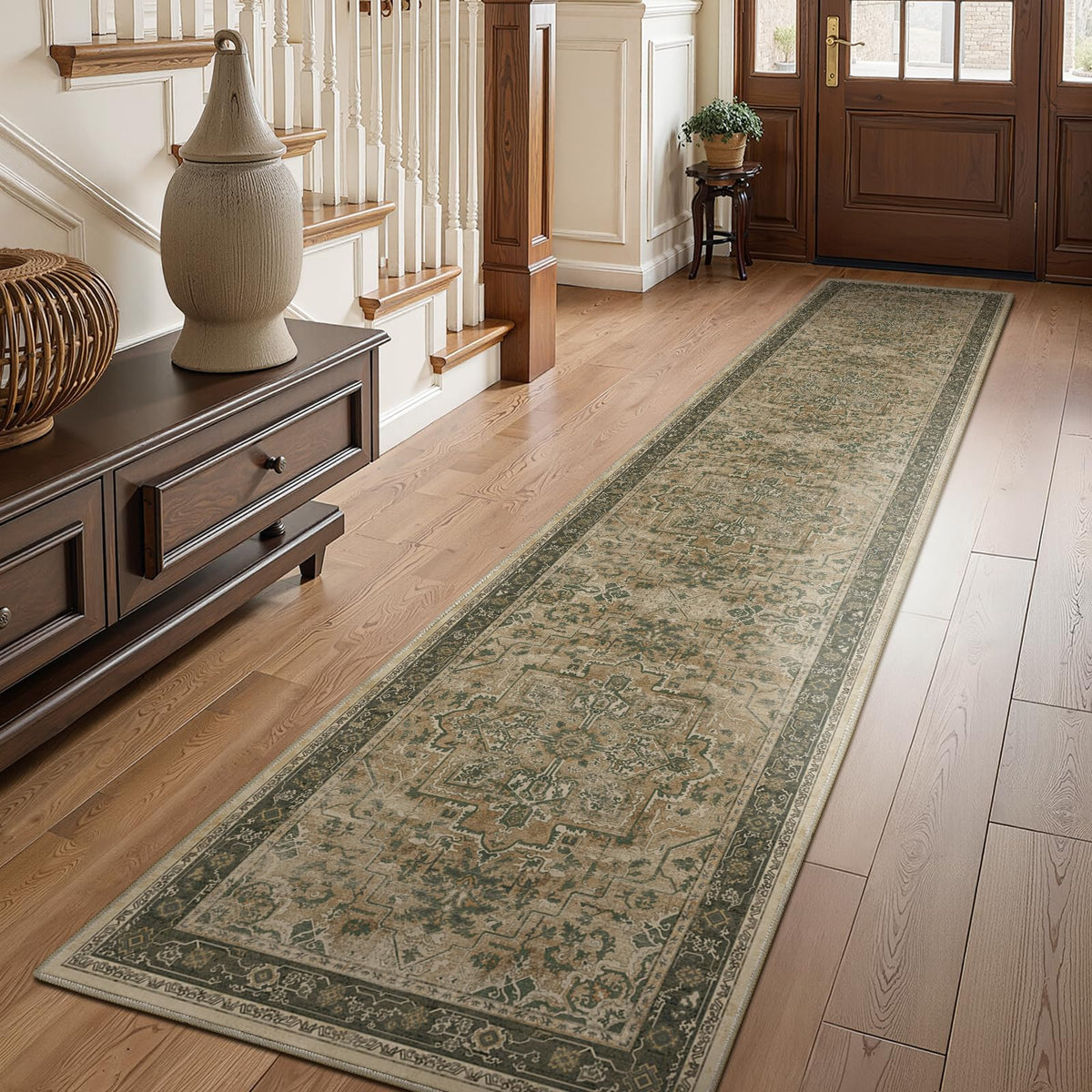 Vintage Distressed 5x7 Area Rugs for Living Room Bedroom Non Slip Washable, Medallion Pattern Printed Low Pile Thin Carpet Rugs for Dining Room/Kitchen/Home Office, Multi Brown Olive Accents