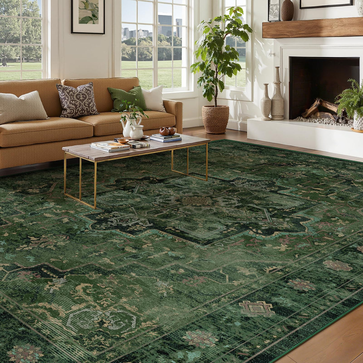 Vintage Distressed 5x7 Area Rugs for Living Room Bedroom Non Slip Washable, Medallion Pattern Printed Low Pile Thin Carpet Rugs for Dining Room/Kitchen/Home Office, Multi Brown Olive Accents