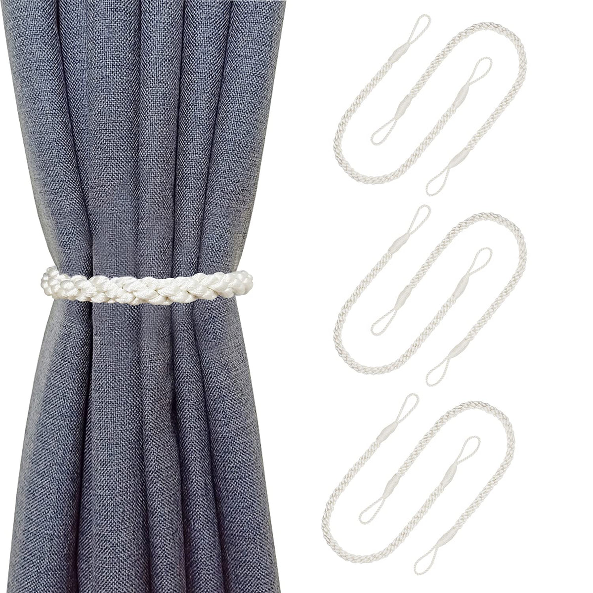 Curtain Tiebacks Ropes, 2pcs Decorative Handmade Tie Backs Curtain Holdbacks Holders Cord for Window Sheer Drapes Indoor Outdoor, Grey