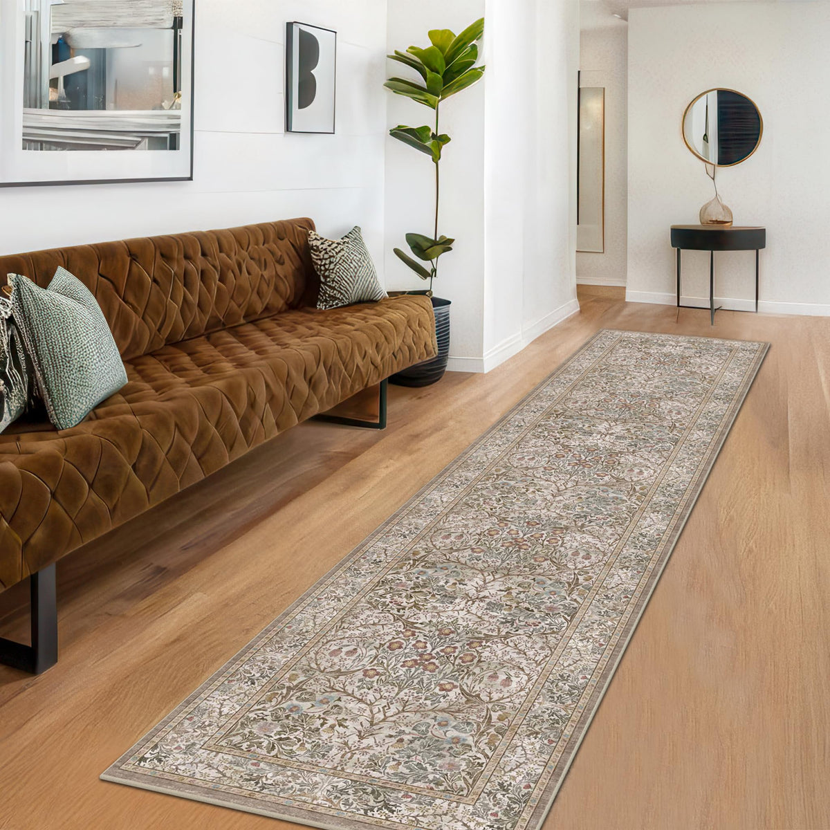 Floral Dark Green Washable Area Rugs 8x10, Vintage Living Room Rug