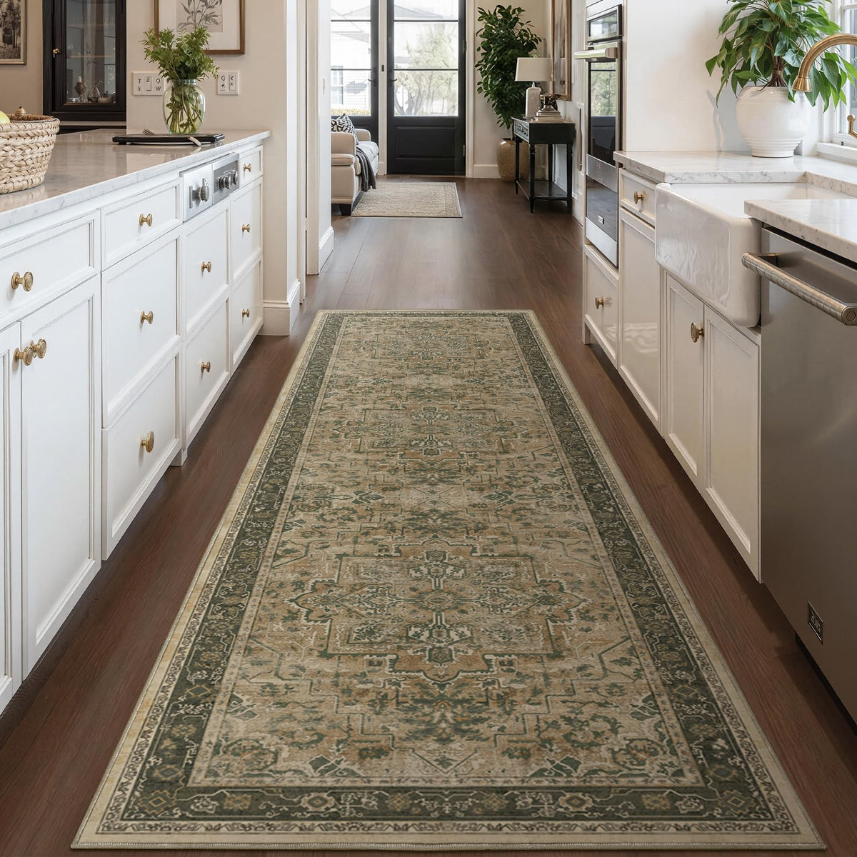 Vintage Distressed 5x7 Area Rugs for Living Room Bedroom Non Slip Washable, Medallion Pattern Printed Low Pile Thin Carpet Rugs for Dining Room/Kitchen/Home Office, Multi Brown Olive Accents