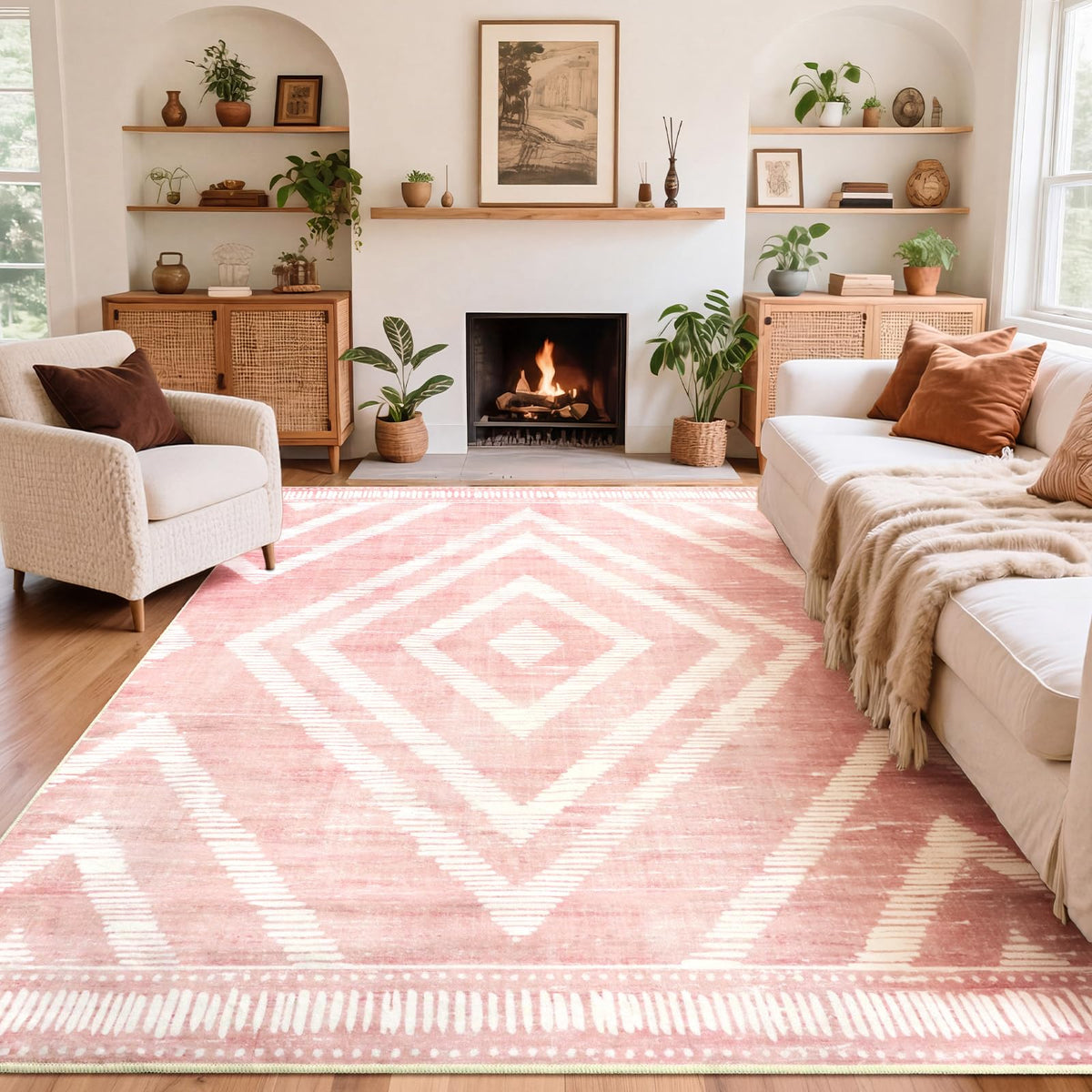 Boho Washable Rugs 5x7ft Non Slip, Low Pile Area Rug for Living Room, Brown Moroccan Bedroom Carpets, Non Shedding Soft Floor Carpet for Dining Room Bathroom Nursery Kitchen Office