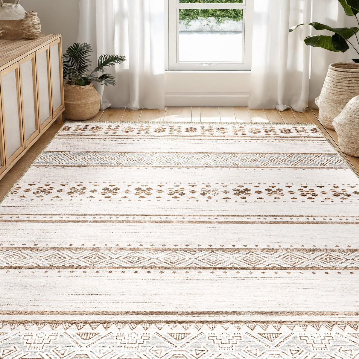 8x10 Washable Area Rugs for Living Room Boho Bedroom Rug Black/Brown