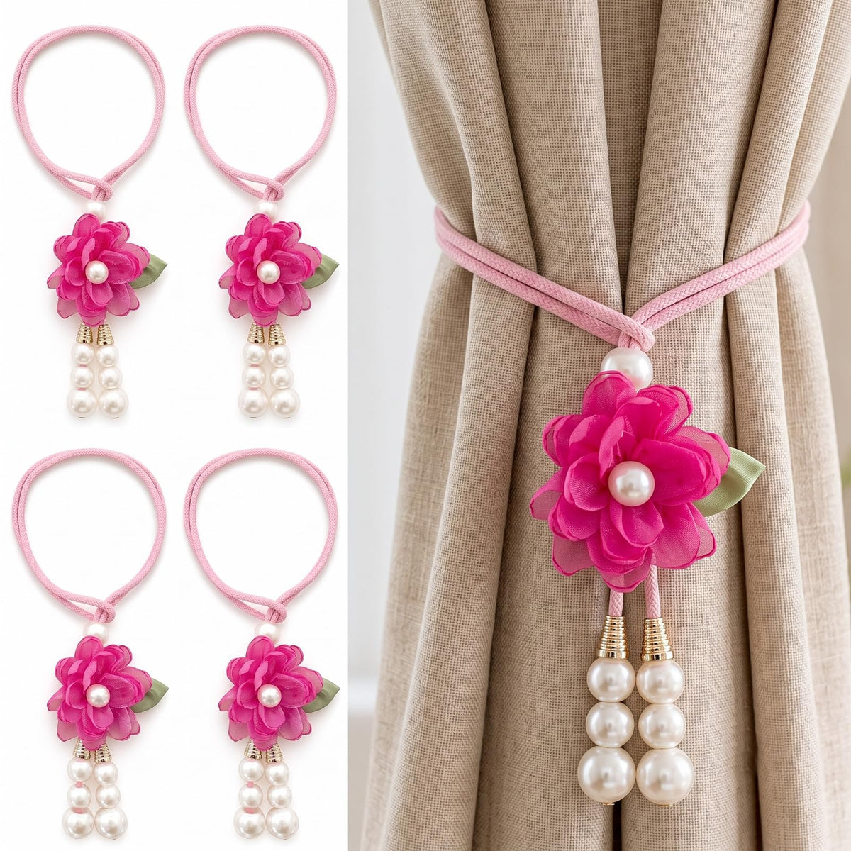 Adjustable Curtain Tiebacks， 4-Pack Hand-Woven Rope with Silk Flower & Pearl， Decorative Window Cord Holders for Drapery， Long Loop Design for All Curtain Thickness (Purple)