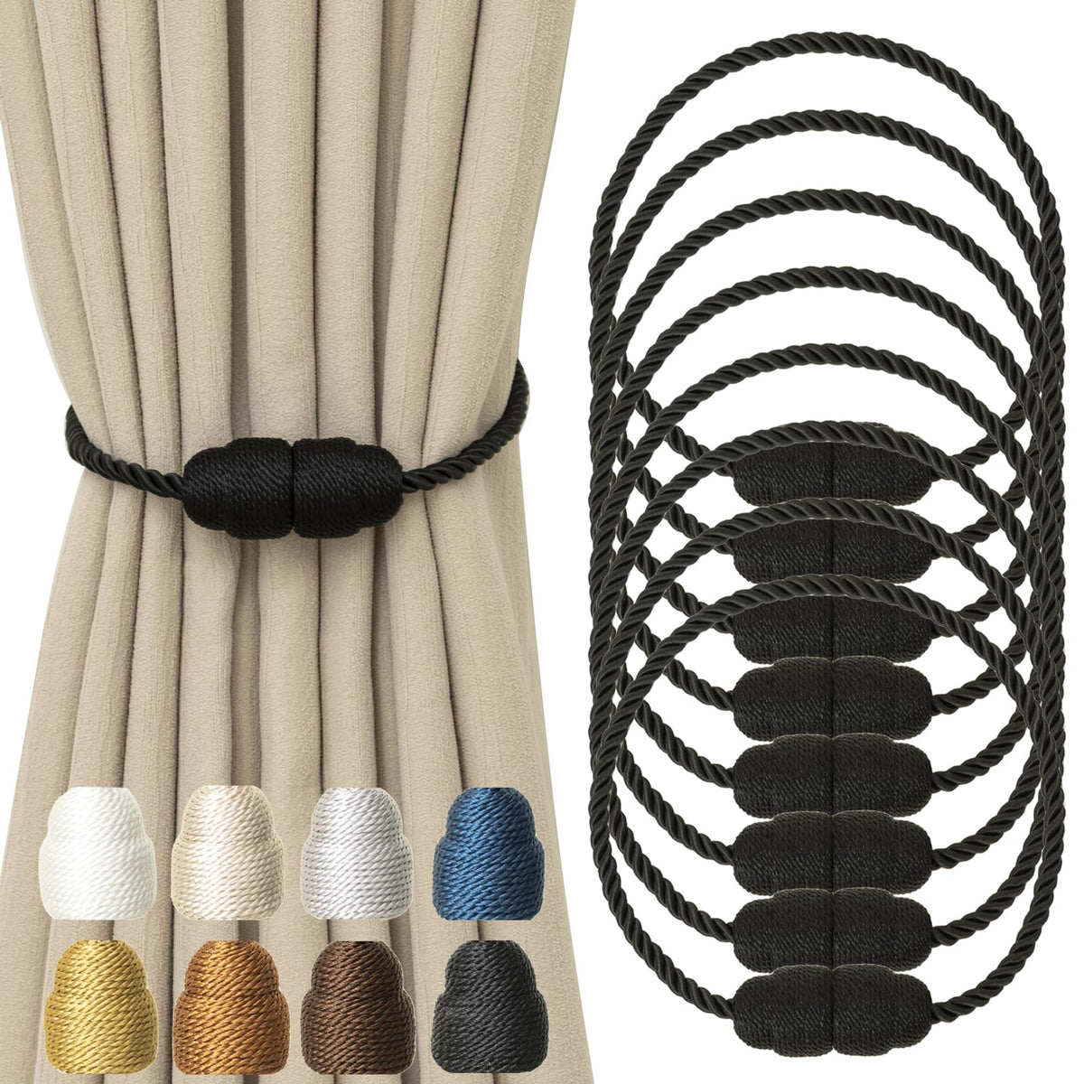 Magnetic Curtain Tiebacks Rope Curtain Tie Backs for Curtains 6 Pack Curtain Holders for Drapes Decorative Window Curtain Holdbacks, Gold
