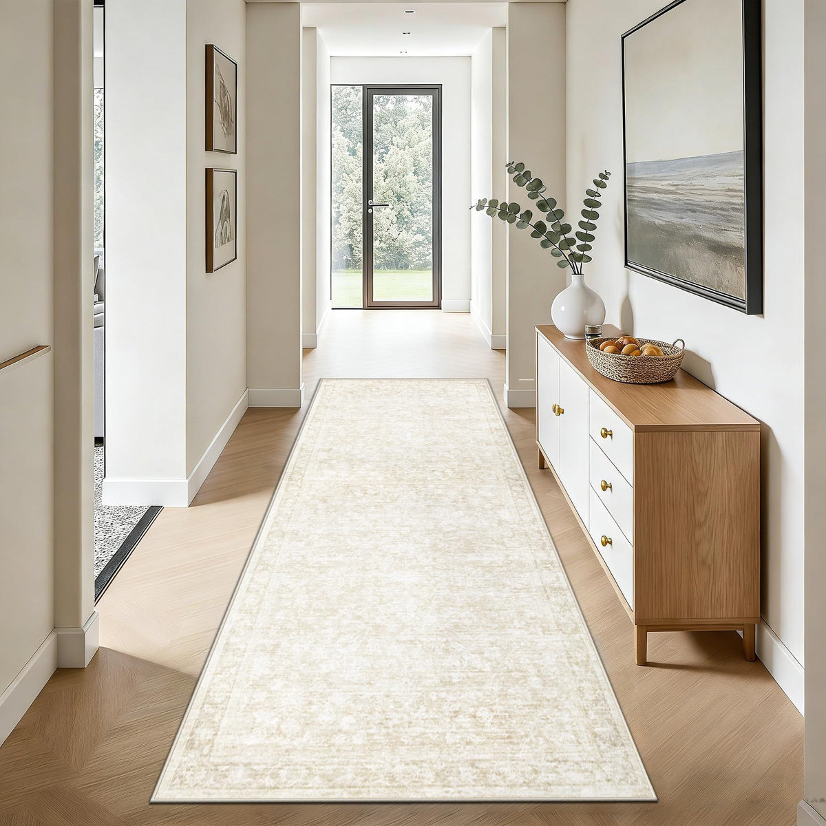 Bedroom Rug Washable Large Area Rugs Foldable Low Pile Print Non Slip Boho Patterned Rugs for Bedroom Living Room Dining Home Office (Floral Beige, 5'x7')