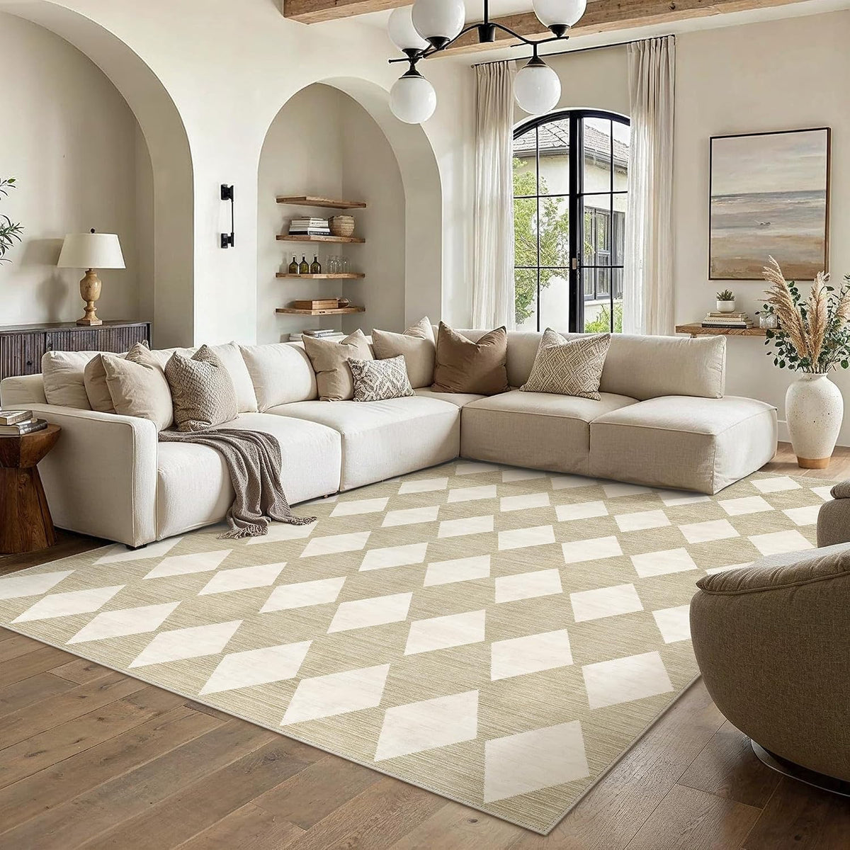 PureCozy 8x10 Washable Area Rug Living Room Beige Non Slip Checkered Carpet