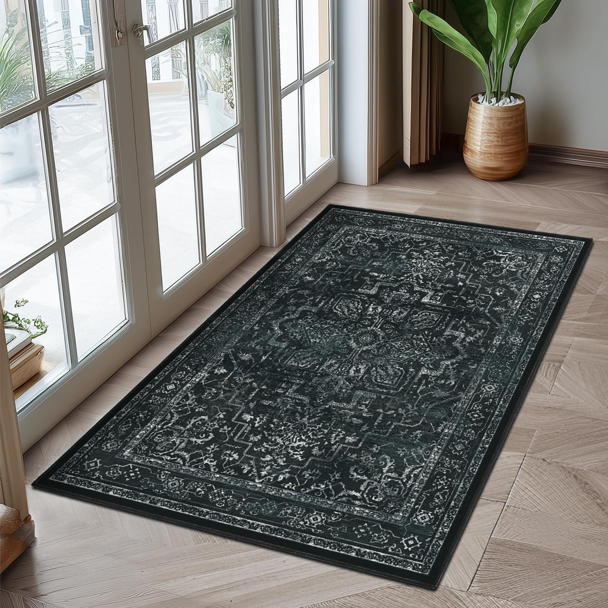 Vintage Distressed 5x7 Area Rugs for Living Room Bedroom Non Slip Washable, Medallion Pattern Printed Low Pile Thin Carpet Rugs for Dining Room/Kitchen/Home Office, Multi Brown Olive Accents