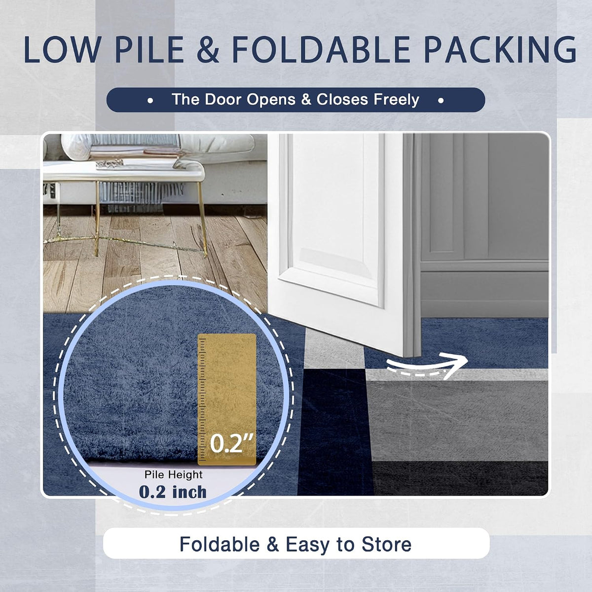 Washable Low-Profile Geometric Area Rug, 0.2 inch Thin Abstract Rug Design for Living Room & Bedroom Decor, 5x7 ft Blue Grey Modern Non-Slip Floor Rug