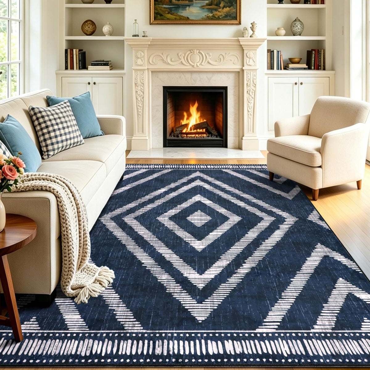Boho Washable Rugs 5x7ft Non Slip, Low Pile Area Rug for Living Room, Brown Moroccan Bedroom Carpets, Non Shedding Soft Floor Carpet for Dining Room Bathroom Nursery Kitchen Office