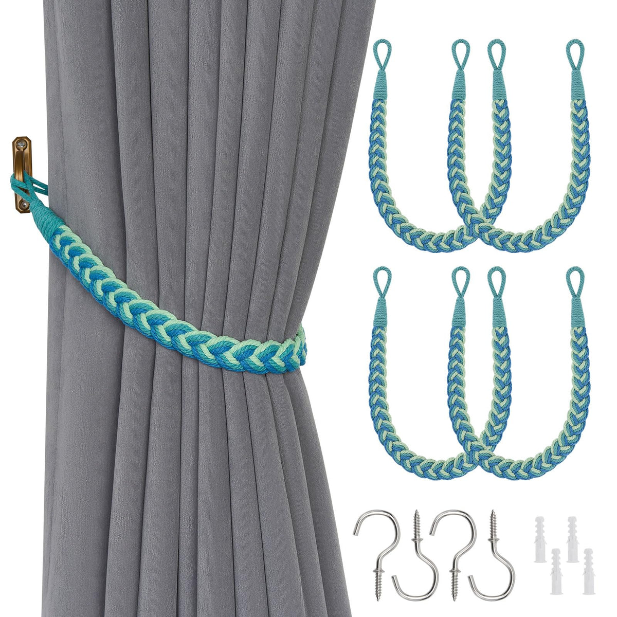 NICEEC 2 Pack Natural Cotton Rope Curtain Tiebacks Elegant Boho Style Decorative Drape Tie Backs Soft Hand-Woven Rope Curtain Holdbacks with Metal Hook for Home & Office Drapery (Coffee)