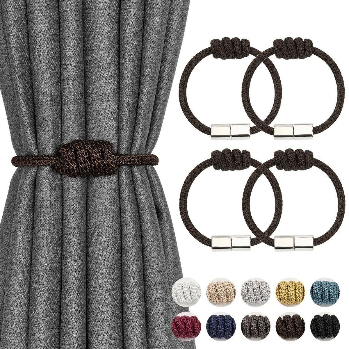 NICEEC 2 Pack Mini Magnetic Curtain Tiebacks Modern Simple Style Drape Tie Backs Elegant Hand Weave Rope Knot Decorative Curtain Holdbacks for Home & Office Window Drapery (Dark Grey)