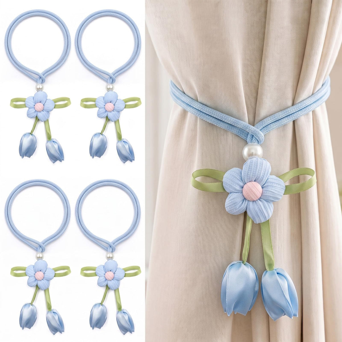 Adjustable Curtain Tiebacks， 4-Pack Hand-Woven Rope with Silk Flower & Pearl， Decorative Window Cord Holders for Drapery， Long Loop Design for All Curtain Thickness (Purple)