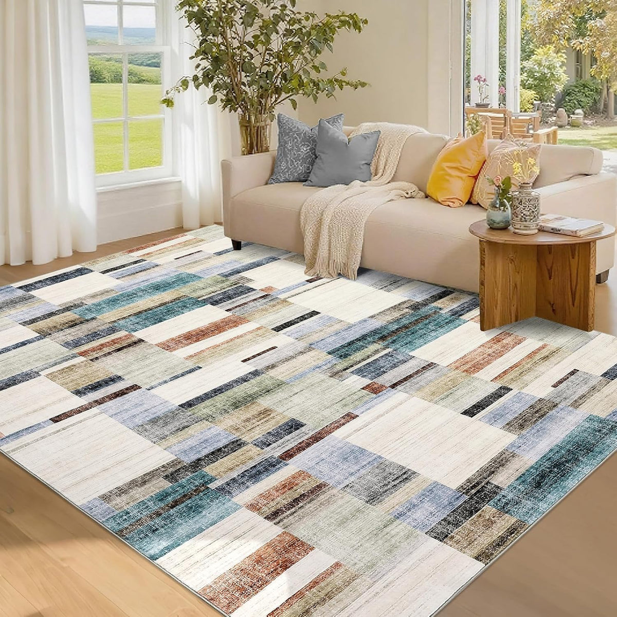 GarveeHome Large Living Room Rugs 8x10 Area Rugs Machine Washable Modern Geometric Neutral Rug Non Slip Low Pile Farmhouse Stain Resistant Carpet for Bedroom Nursery Classroom Dorm 8 ft x10 ft Multi