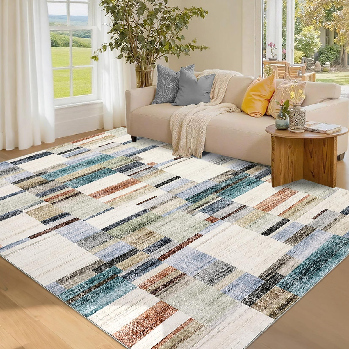 GarveeHome Large Living Room Rugs 8x10 Area Rugs Machine Washable Modern Geometric Neutral Rug Non Slip Low Pile Farmhouse Stain Resistant Carpet for Bedroom Nursery Classroom Dorm 8 ft x10 ft Multi