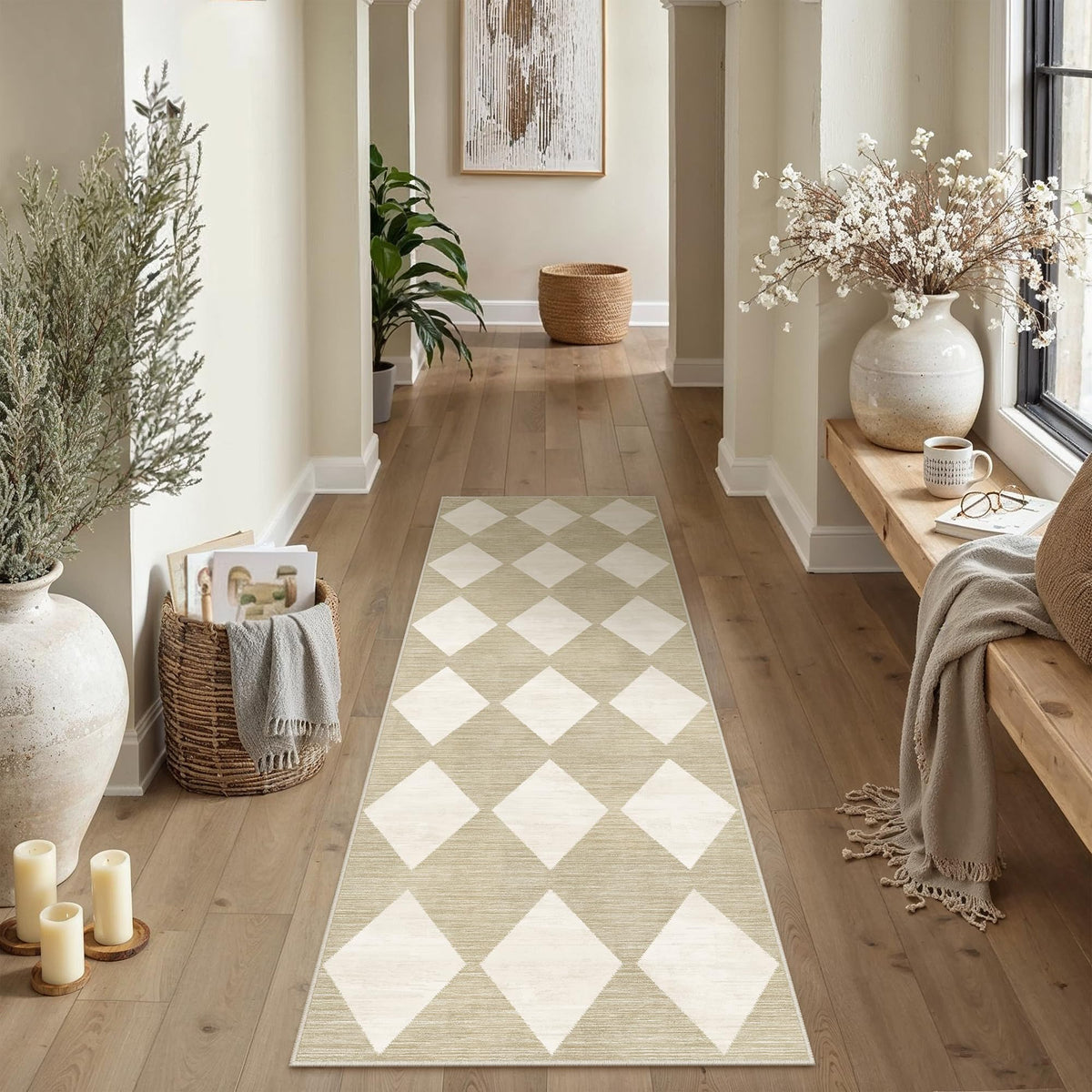 PureCozy 8x10 Washable Area Rug Living Room Beige Non Slip Checkered Carpet