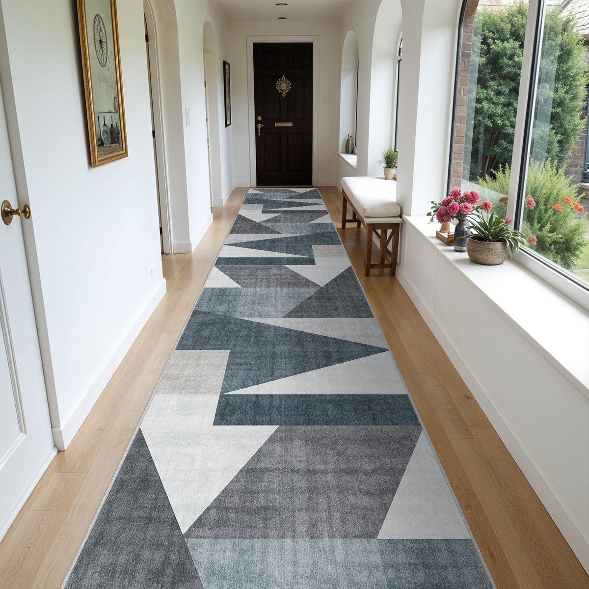 5x7 Washable Area Rug for Living Room - Non-Slip Geometric Rugs Blue Grey