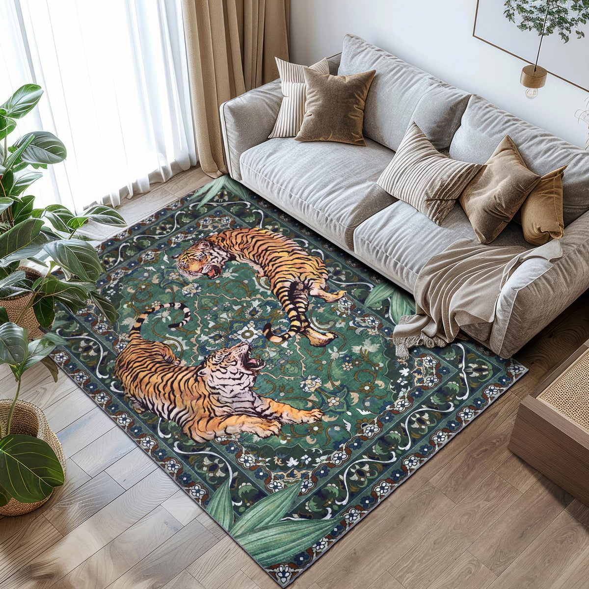 Tiger Round Area Rugs for Living Room 6ft, Boho Green Animal Print Bedroom Circle Rugs Non Slip, Washable Botanical Jungle Floor Carpet for Dining Room Entryway Nursery Playroom Office Spring