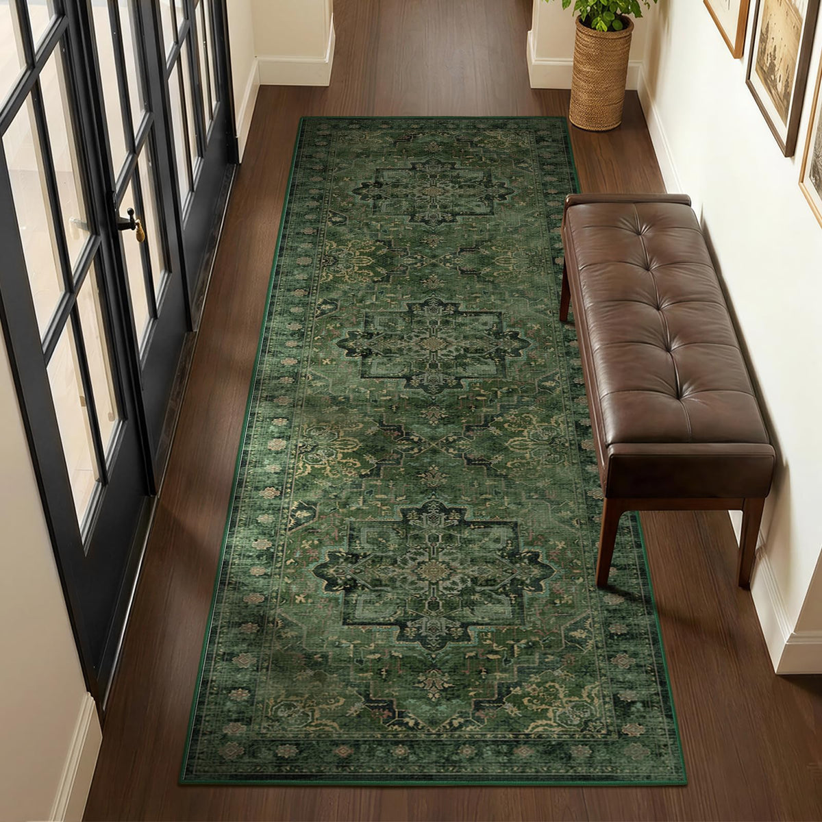 Vintage Distressed 5x7 Area Rugs for Living Room Bedroom Non Slip Washable, Medallion Pattern Printed Low Pile Thin Carpet Rugs for Dining Room/Kitchen/Home Office, Multi Brown Olive Accents