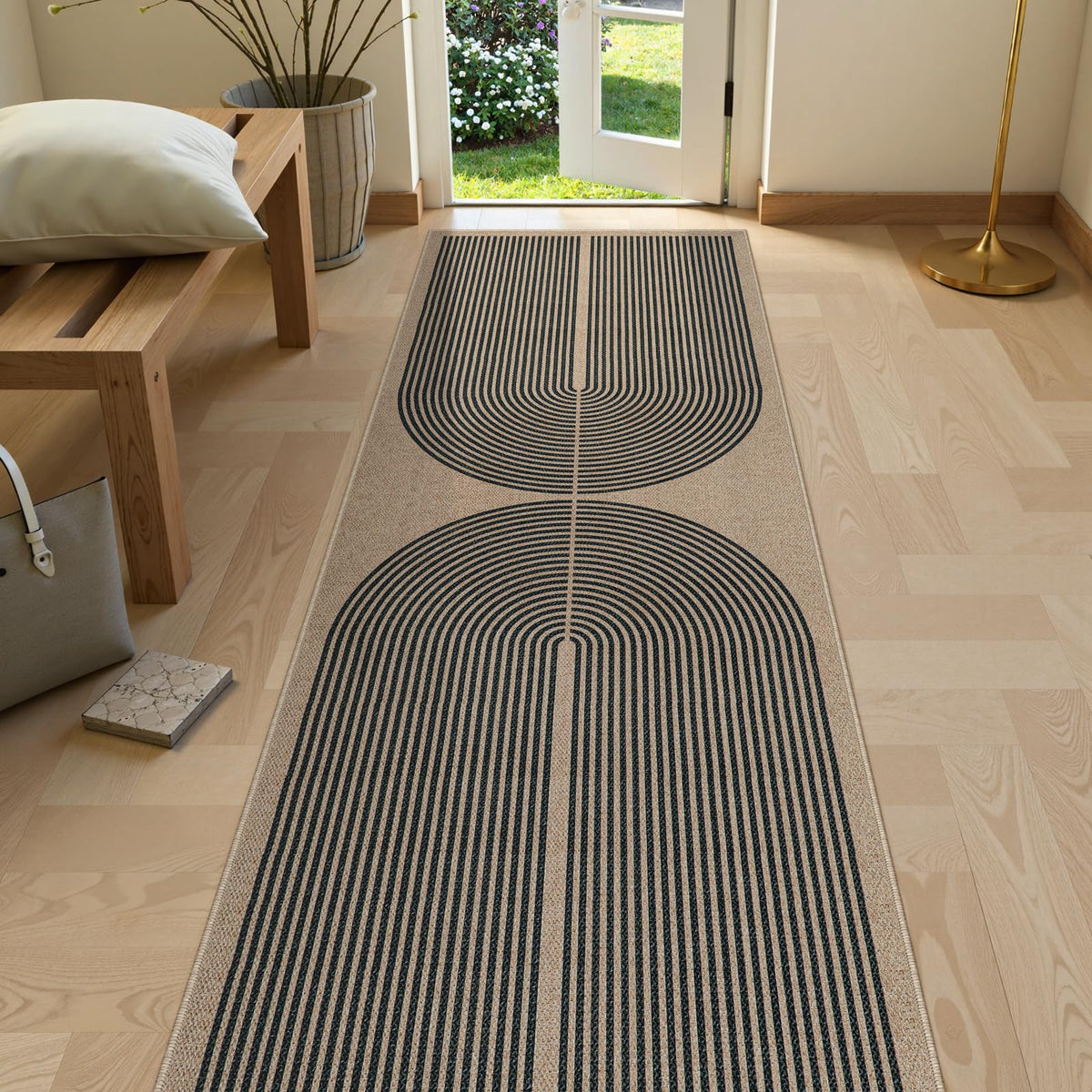 Lahome Modern Rainbow Easy Jute Carpet, Washable 5x7 Area Rugs for Living Room Patio Black Farmhouse Indoor Outdoor Rugs, Contemporary Natural Non Slip Floor Carpet for Office RV Backyard