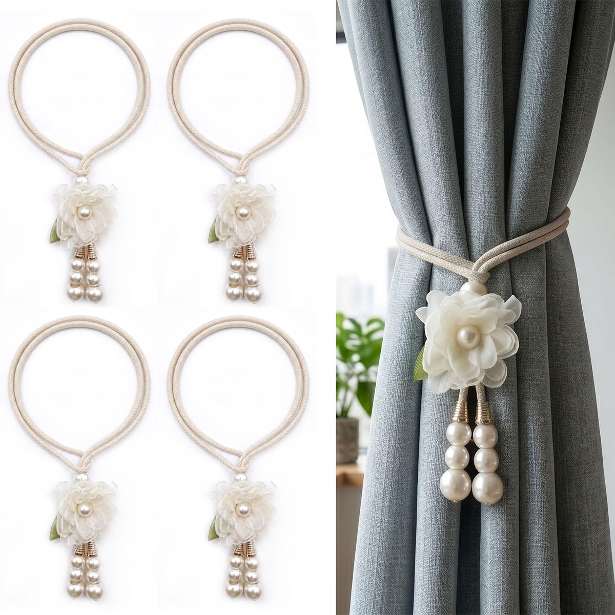Adjustable Curtain Tiebacks， 4-Pack Hand-Woven Rope with Silk Flower & Pearl， Decorative Window Cord Holders for Drapery， Long Loop Design for All Curtain Thickness (Purple)