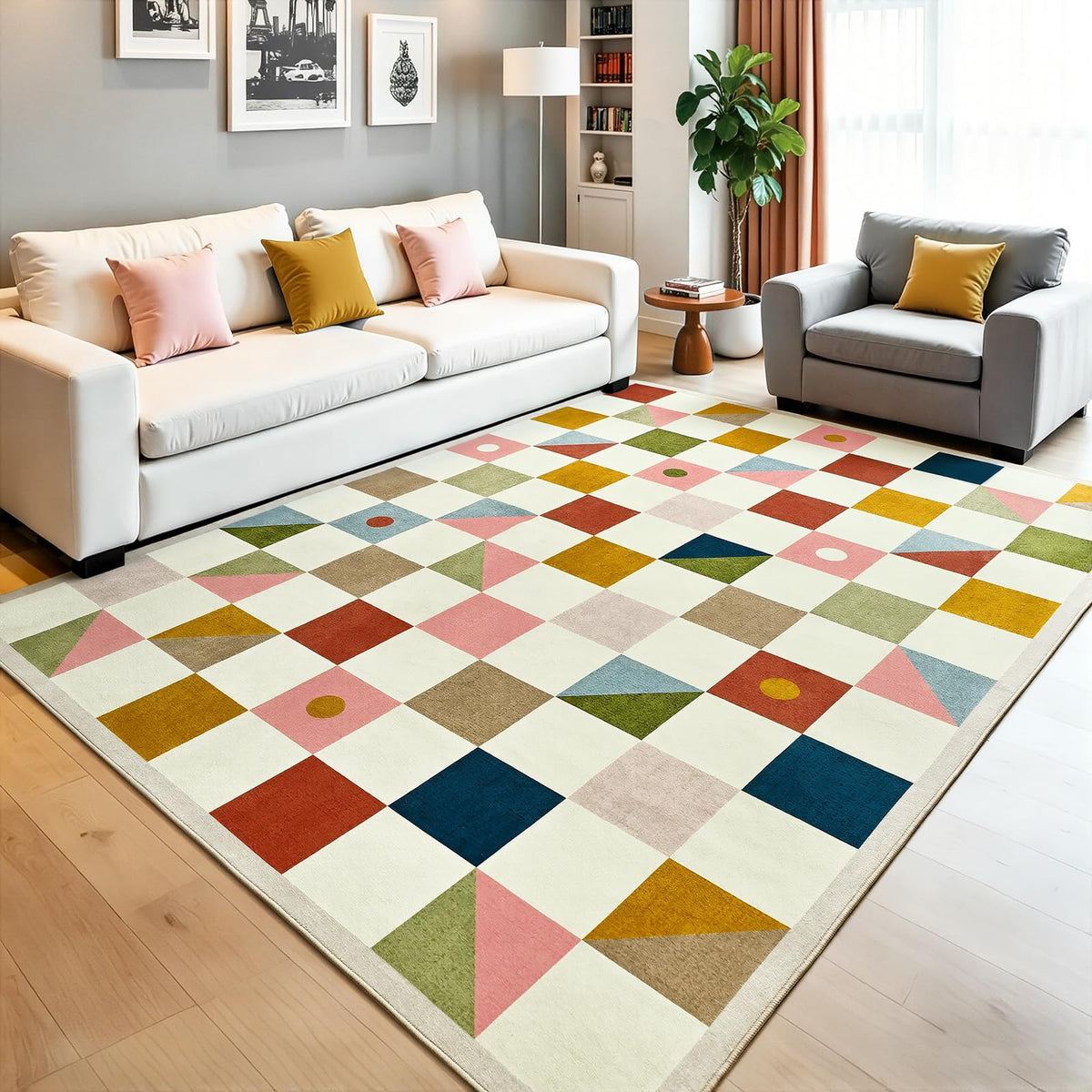 Terrug Multicolored Geometric Checkered Rug for Living Room, 5x7 Area Rugs