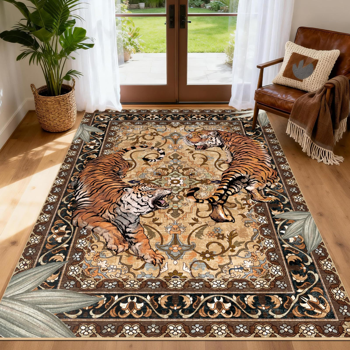 Tiger Round Area Rugs for Living Room 6ft, Boho Green Animal Print Bedroom Circle Rugs Non Slip, Washable Botanical Jungle Floor Carpet for Dining Room Entryway Nursery Playroom Office Spring