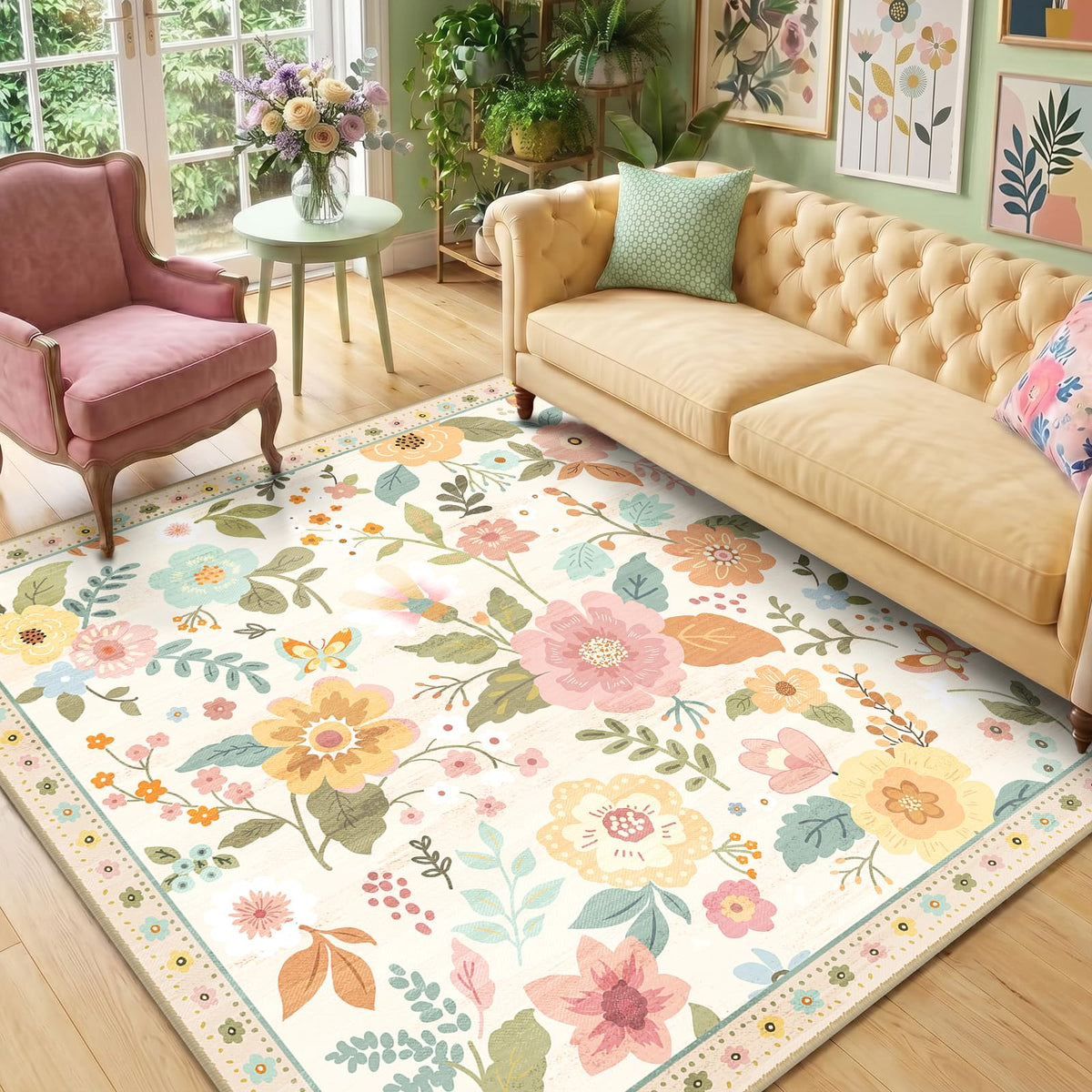 RELEANY Floral Washable 5x7 Area Rugs Black