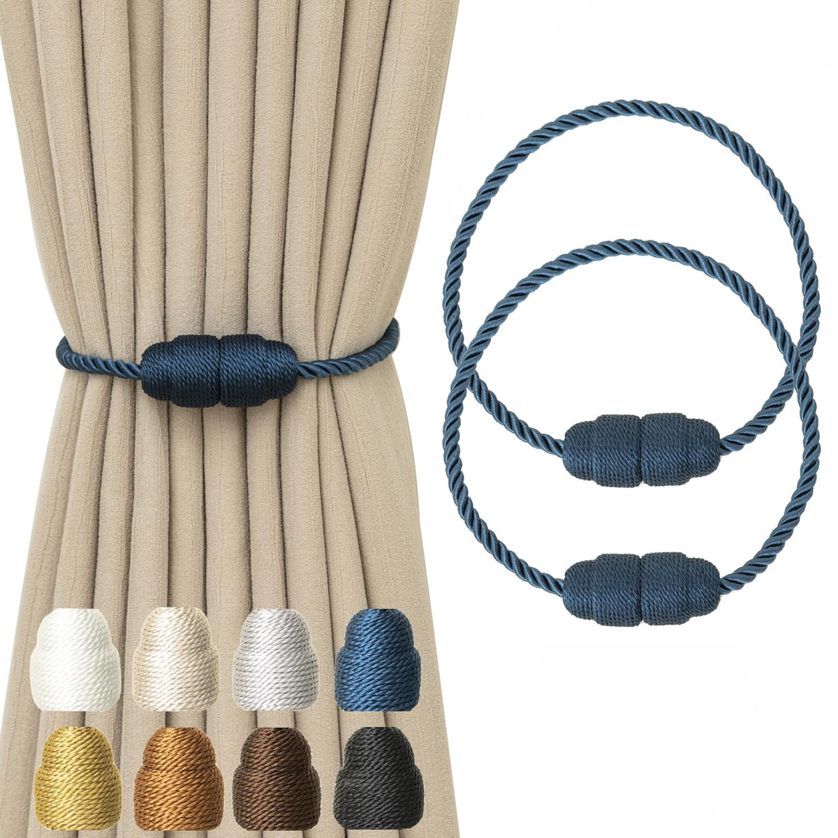 Magnetic Curtain Tiebacks Rope Curtain Tie Backs for Curtains 6 Pack Curtain Holders for Drapes Decorative Window Curtain Holdbacks, Gold