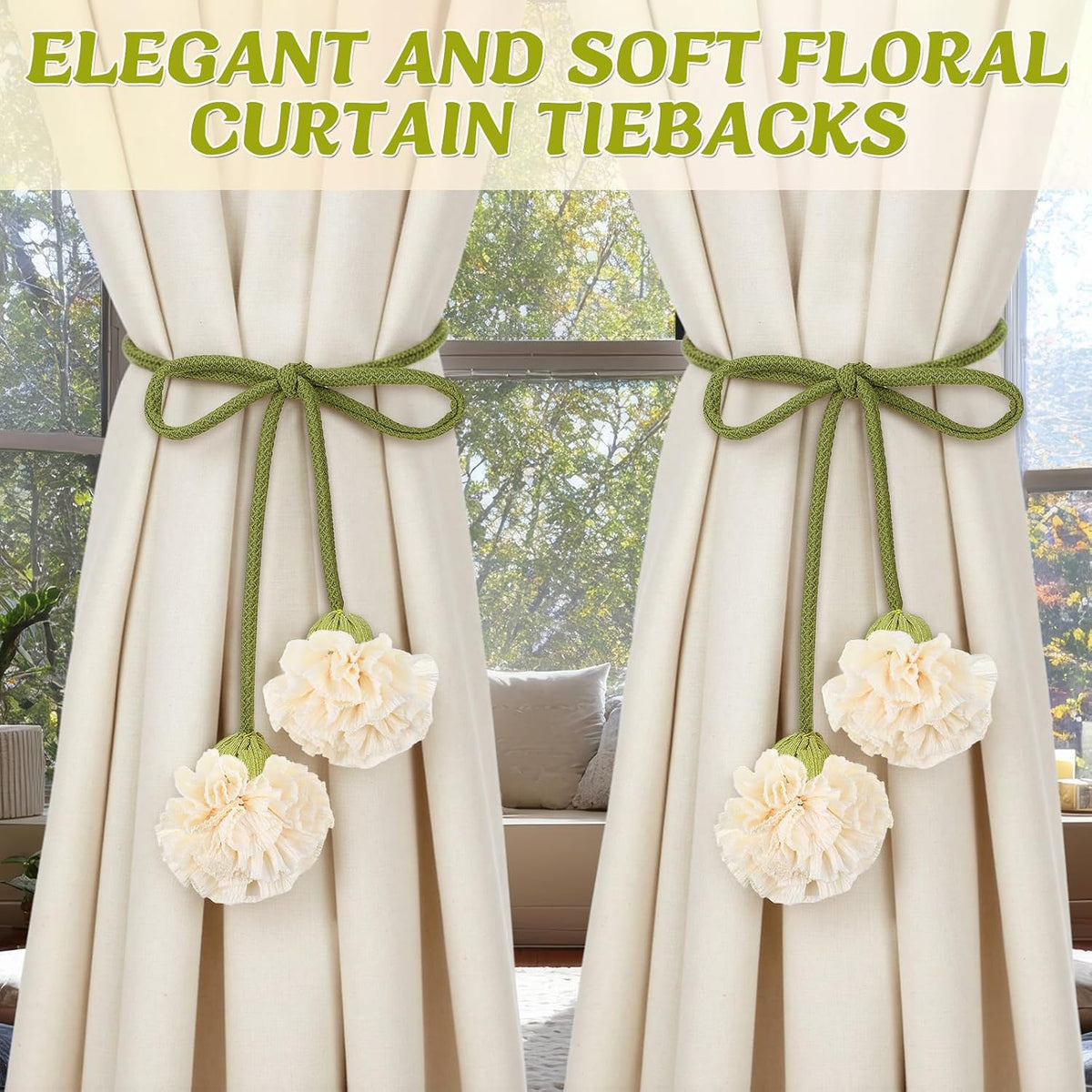 Tegeme 4 Pcs Curtain Tiebacks Flower Curtain Holdbacks Boho Floral Drapery Holdbacks No Drill DIY Decorative Ties for Home Office Wall Hangings Nursery Bedroom Decor(White,Boho Flower)