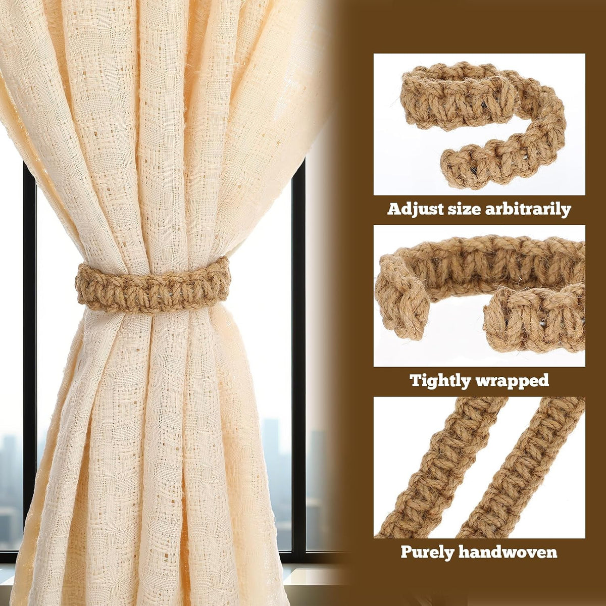 8 Pack Braided Curtain Tieback Rustic Drapes Holdback Boho Curtain Tie Backs Farmhouse Curtains Tie Holder Handmade Drape Rope Tieback for Home Office Sheer Weight Decor Drapery Straps Indoor