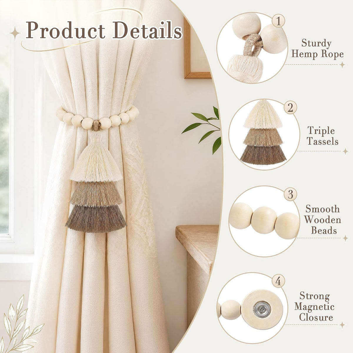 Magnetic Curtain Tiebacks, Wood Bead Curtain Holdbacks, Beige, 2 Pcs