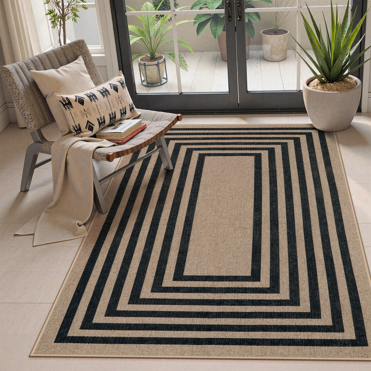 Lahome Modern Rainbow Easy Jute Carpet, Washable 5x7 Area Rugs for Living Room Patio Black Farmhouse Indoor Outdoor Rugs, Contemporary Natural Non Slip Floor Carpet for Office RV Backyard