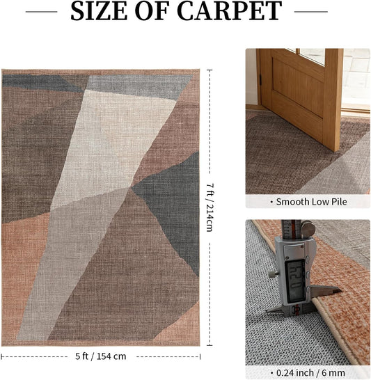 YIHOUSE Geometric Area Rug, Washable Non-Slip Low Pile, Brown, 5 x 7 ft