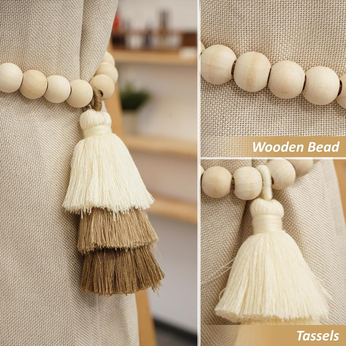 Magnetic Curtain Tiebacks with Wood Beads, Boho Rope Drapery Holdbacks with Triple Tassels, No Drill Curtain Holders for Farmhouse Bedroom, Living Room or Nursery, 2 Pack, Beige Taupe Brown
