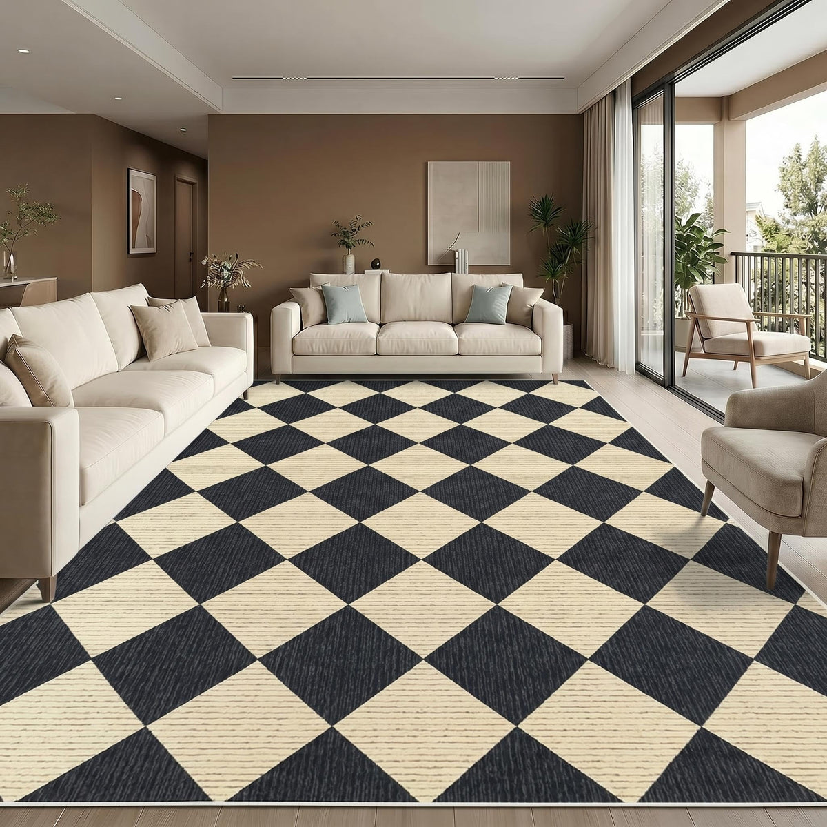 GarveeHome 5x7 Checkered Area Rug Black and Brown Washable Living Room Rug