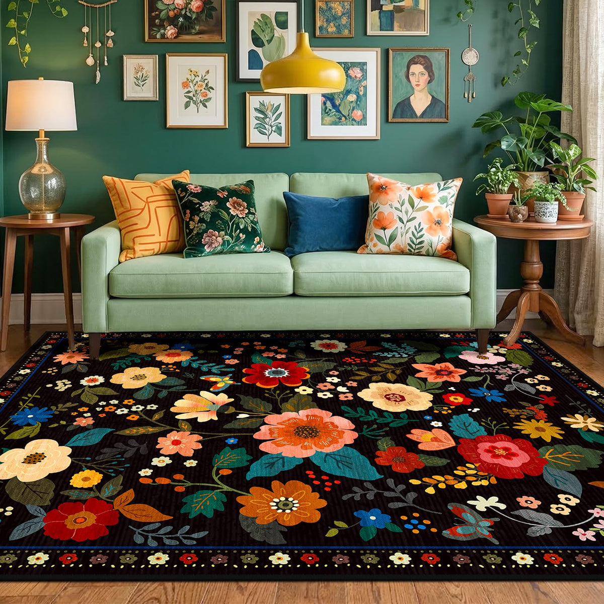 RELEANY Floral Washable 5x7 Area Rugs Black