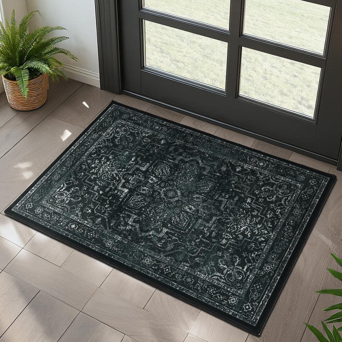 Vintage Distressed 5x7 Area Rugs for Living Room Bedroom Non Slip Washable, Medallion Pattern Printed Low Pile Thin Carpet Rugs for Dining Room/Kitchen/Home Office, Multi Brown Olive Accents