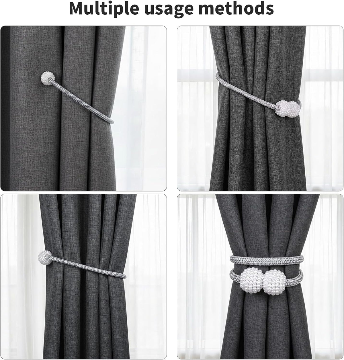 6 Pack Grey Magnetic Curtain Tiebacks with Decorative Pearl, 18.9 inch Curtain Holdbacks for Drapes, Strong Magnet Curtain Holders for Window Treatments, Home and Office Decor
