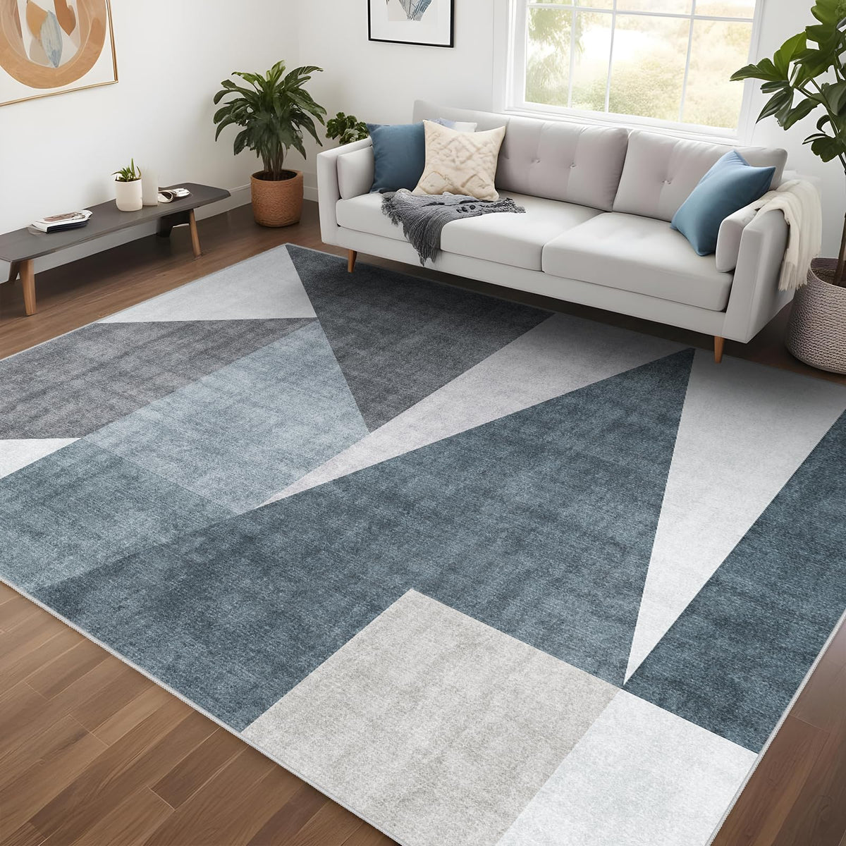 5x7 Washable Area Rug for Living Room - Non-Slip Geometric Rugs Blue Grey