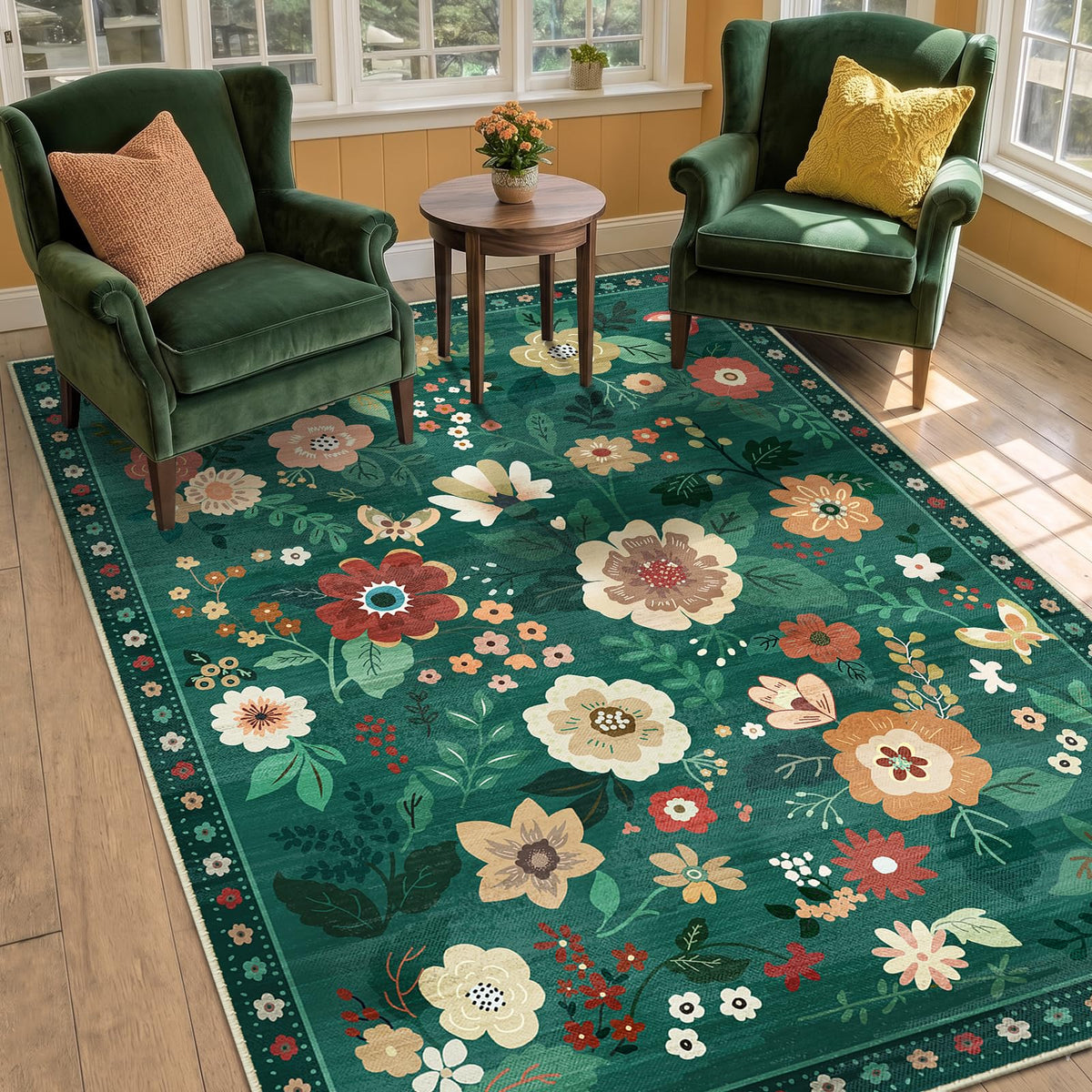 RELEANY Floral Washable 5x7 Area Rugs Black