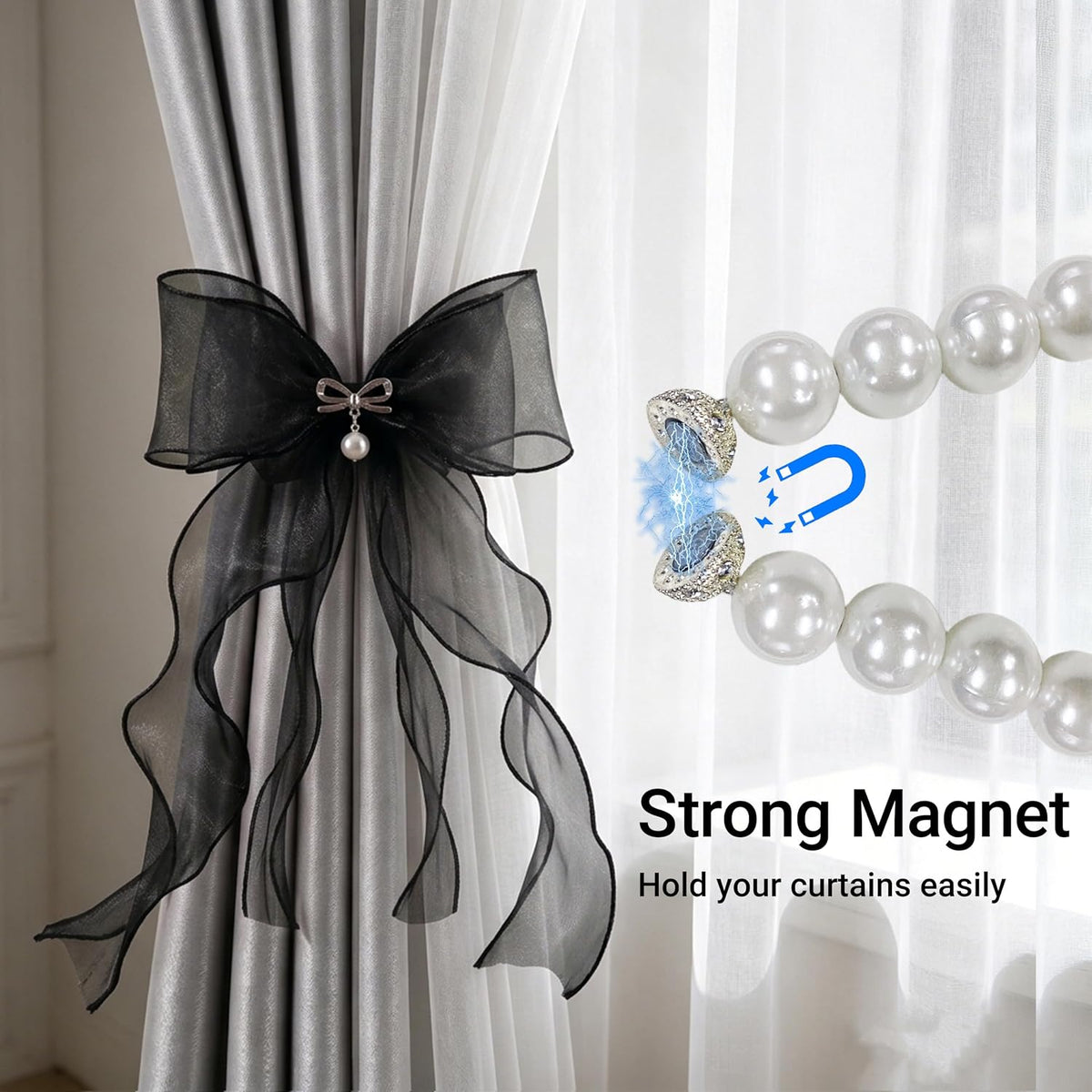 Pearl Bow Magnetic Curtain Tiebacks for Home Decor (2, Black)