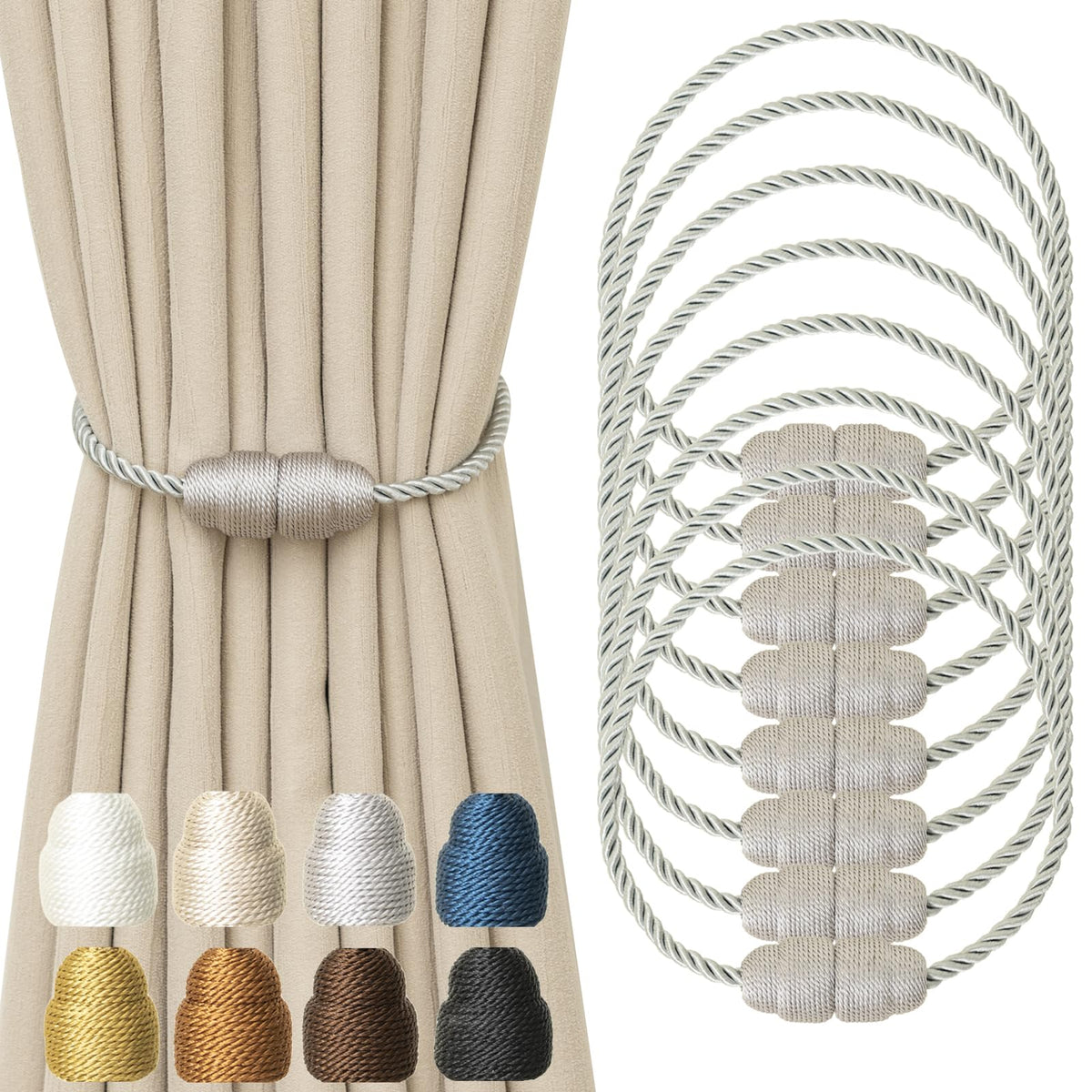 Magnetic Curtain Tiebacks Rope Curtain Tie Backs for Curtains 6 Pack Curtain Holders for Drapes Decorative Window Curtain Holdbacks, Gold