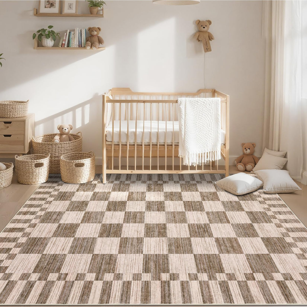 GarveeHome Brown Checkered Rug 5x7 Area Rugs Washable Living Room 5x7 Rug