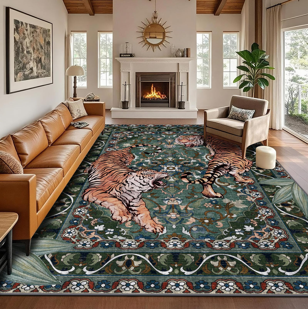 Tiger Round Area Rugs for Living Room 6ft, Boho Green Animal Print Bedroom Circle Rugs Non Slip, Washable Botanical Jungle Floor Carpet for Dining Room Entryway Nursery Playroom Office Spring