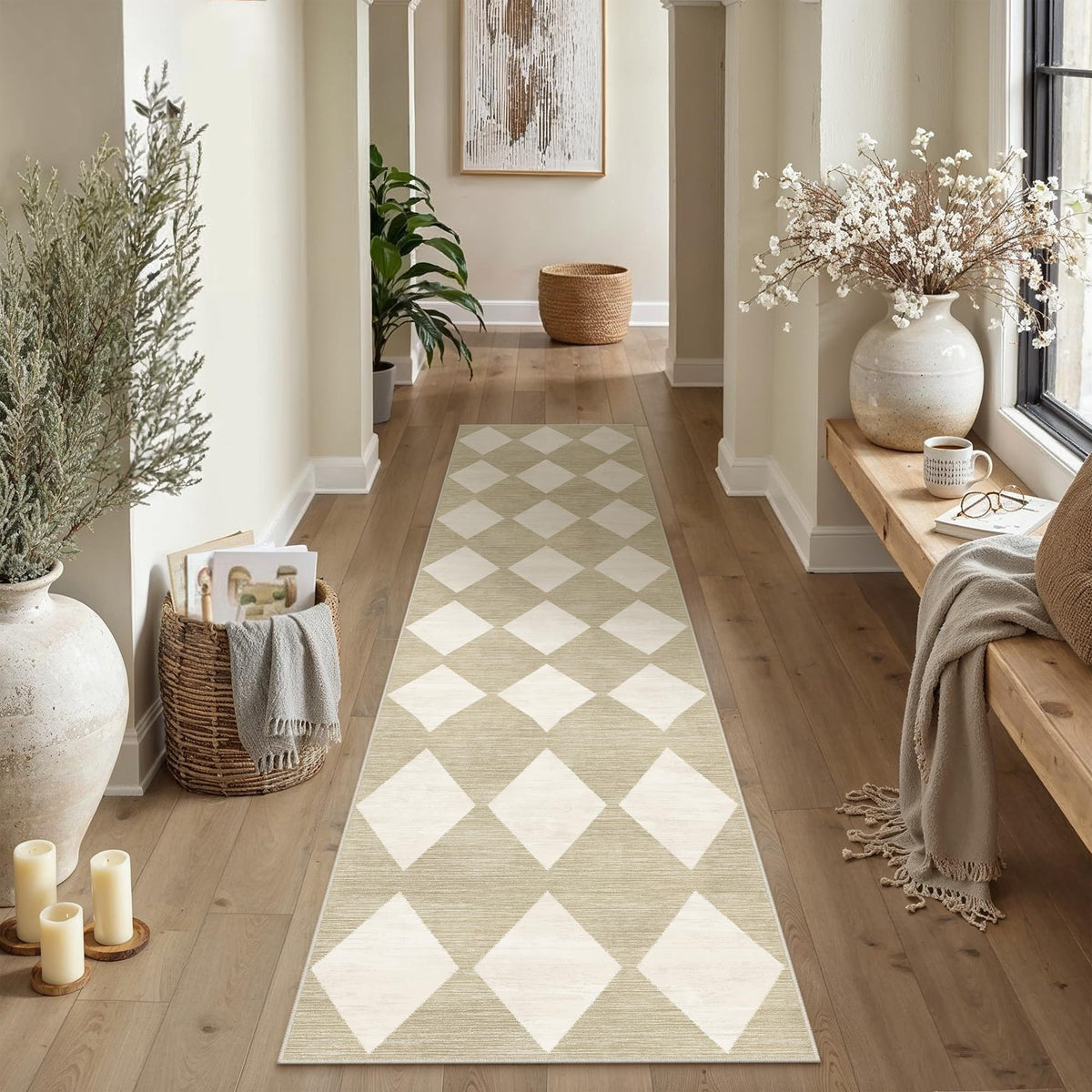 PureCozy 8x10 Washable Area Rug Living Room Beige Non Slip Checkered Carpet