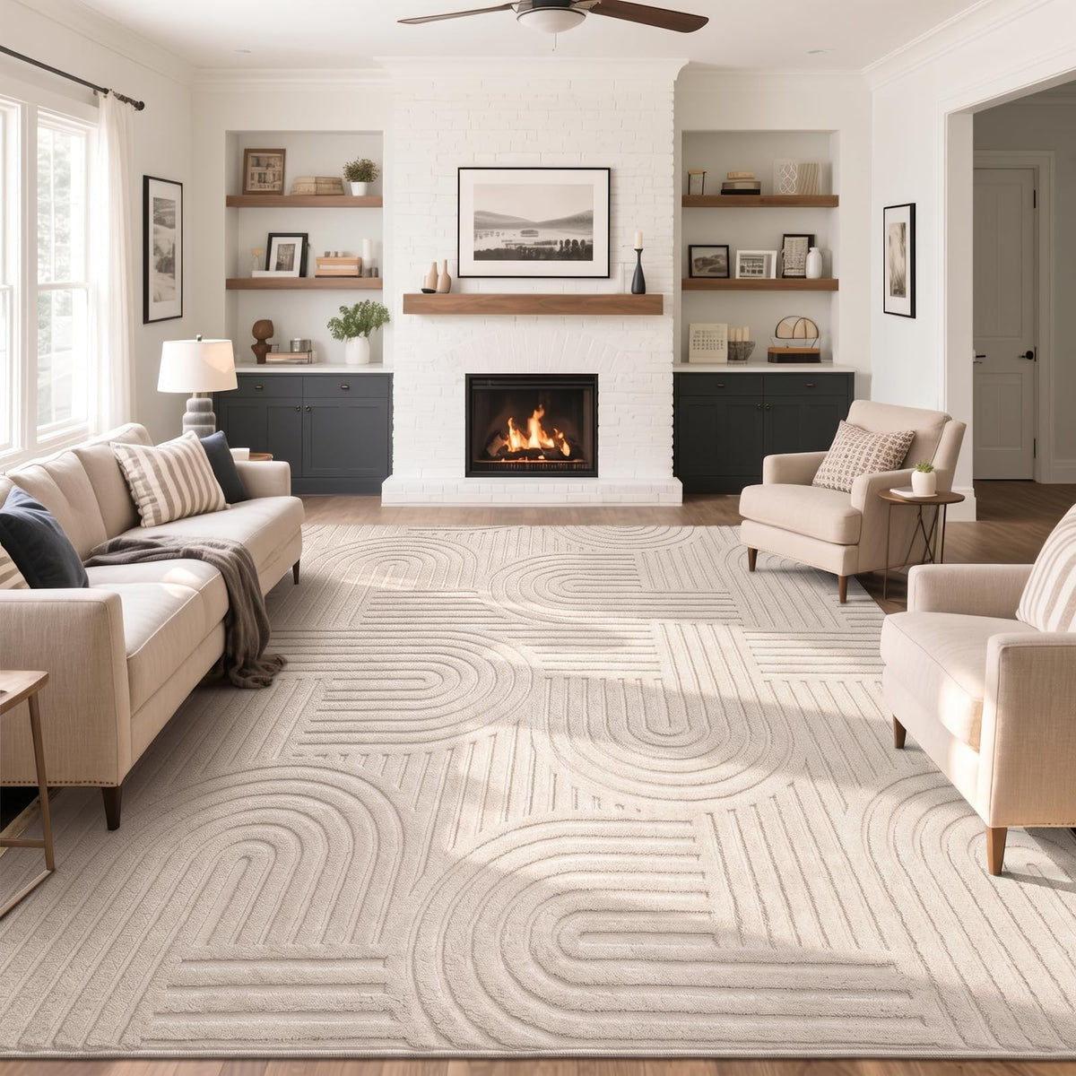 SHACOS Soft Cozy Fluffy Arch Pattern High-Low Pile Textured Area Rug 5'3"x7'3" Non Slip Washable Modern Geometric Rug Stain Resistant Contemporary Carpet for Living Room Bedroom Dining Room, Beige
