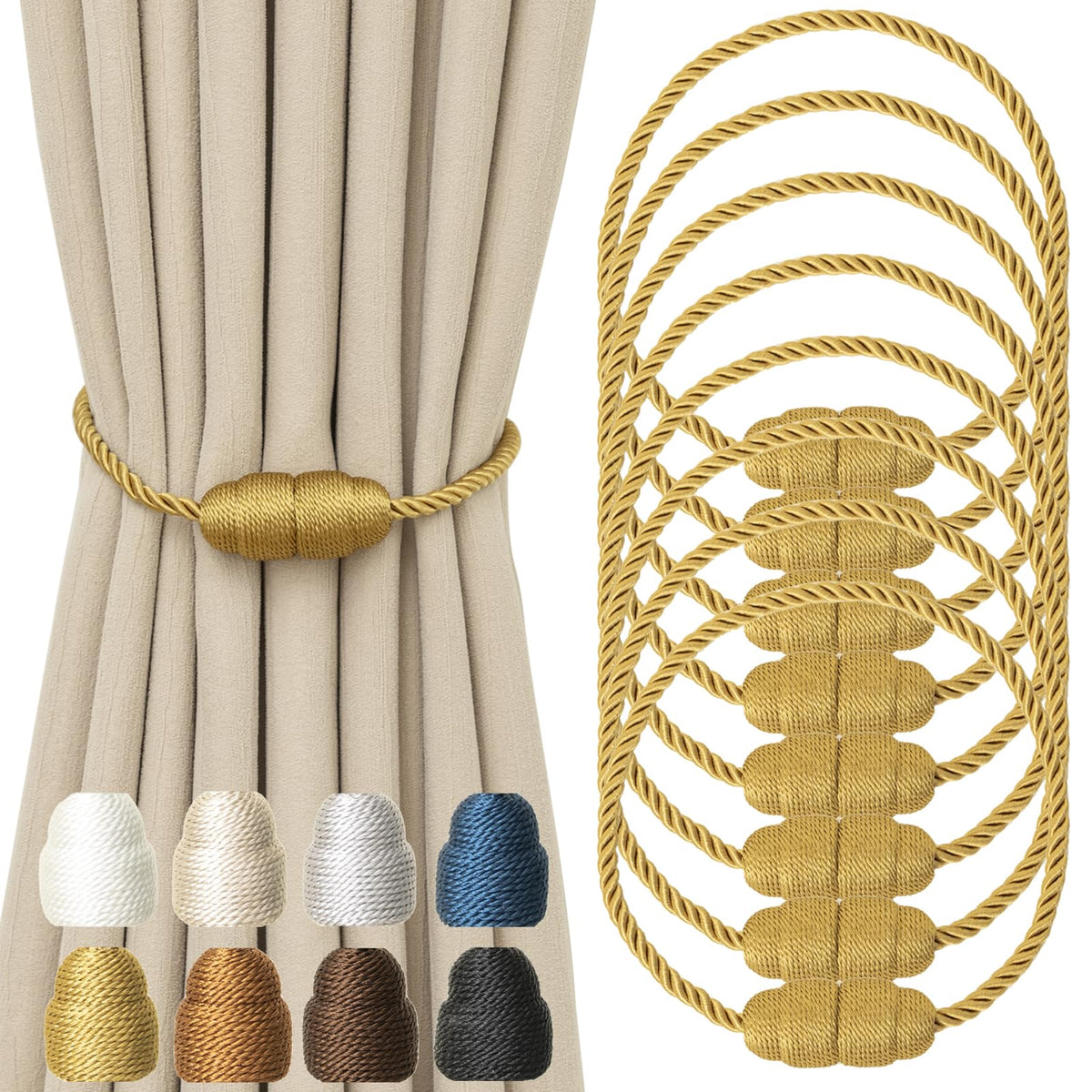 Magnetic Curtain Tiebacks Rope Curtain Tie Backs for Curtains 6 Pack Curtain Holders for Drapes Decorative Window Curtain Holdbacks, Gold
